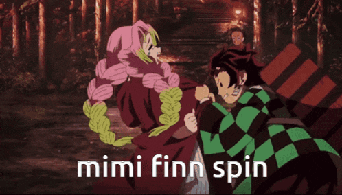 a cartoon of a man and a woman fighting with the words mimi finn spin below them
