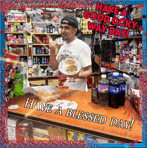 a man holding a plate of food in front of a sign that says " have a blessed day "