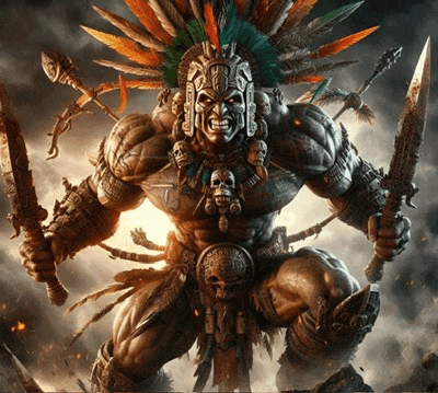 a statue of a warrior with a helmet and feathers on his head holding two swords