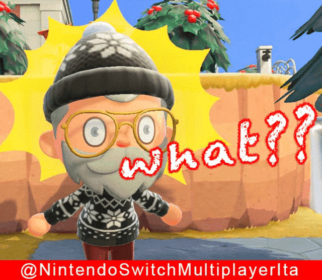 a cartoon character with glasses and a beard is standing in front of a sign that says what