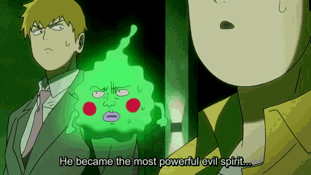 a cartoon character says he became the most powerful evil spirit while another character looks on