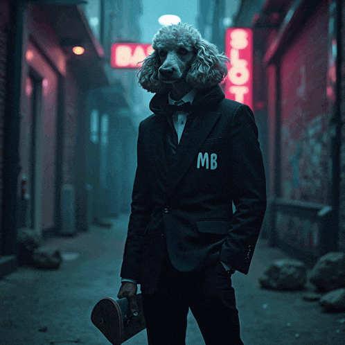 a man with a poodle head is wearing a black suit and has the letters mb on his pocket