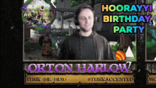 a man is standing in front of a sign that says " hooray ! birthday party "