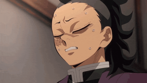 a close up of a cartoon character 's face with sweat coming out of his forehead