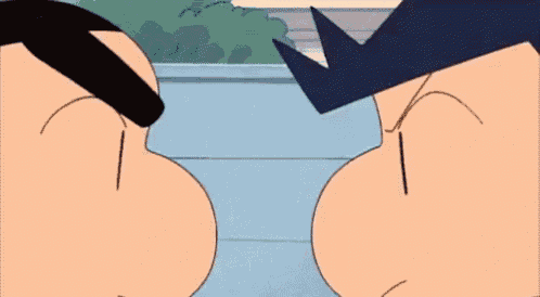 two cartoon characters are standing next to each other and looking at each other with their eyes closed .