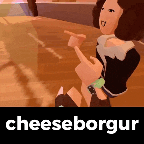 a cartoon of a woman holding a piece of cheese with the word cheeseborgur written below her