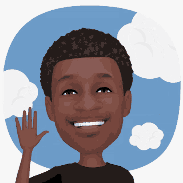 a cartoon of a man waving his hand with clouds behind him