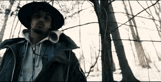 a man wearing a hat and a jacket stands in a forest