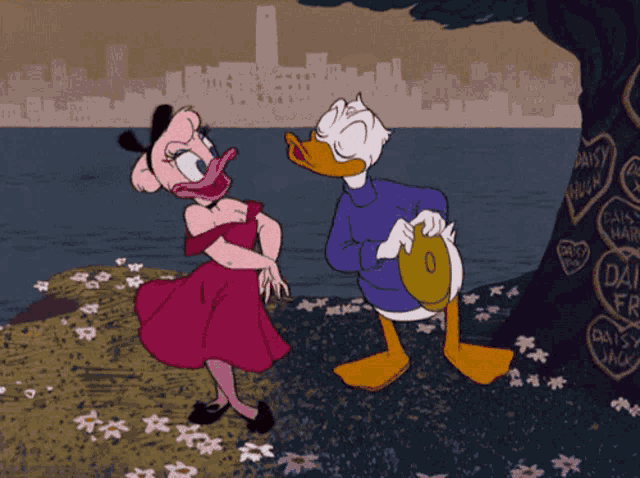 a cartoon of donald and daisy duck standing next to each other