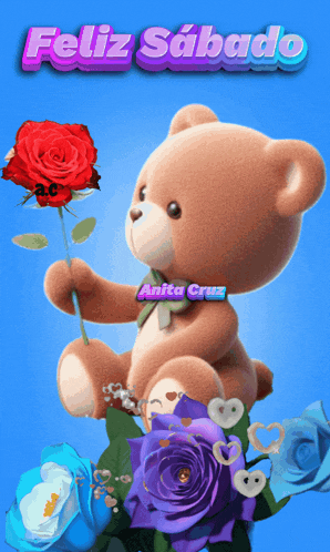 a teddy bear holding a red rose with the words feliz sabado written above it