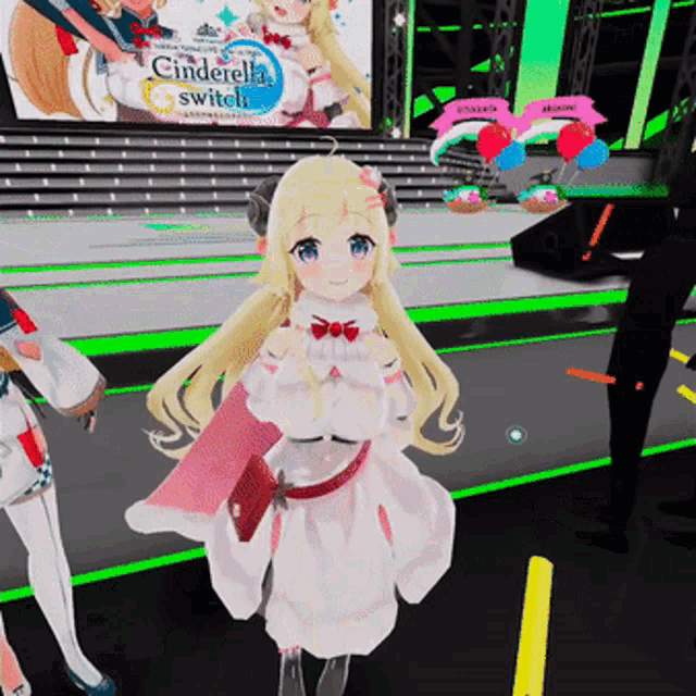 a girl in a white dress is standing in front of a cinderella switch sign