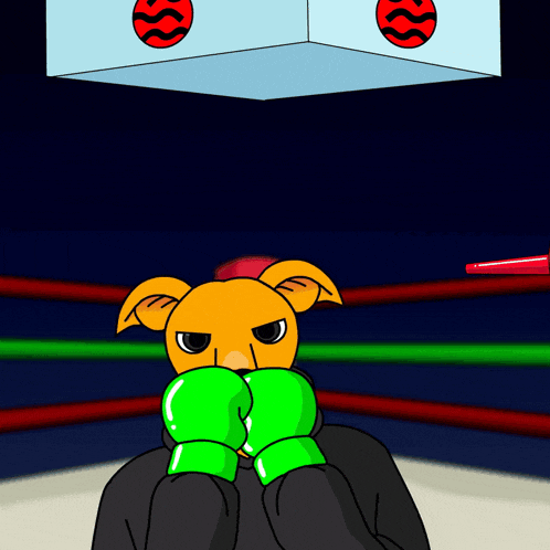 a cartoon dog wearing green boxing gloves is in a boxing ring