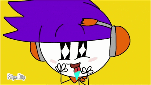 a cartoon character with headphones on a yellow background is making a funny face .