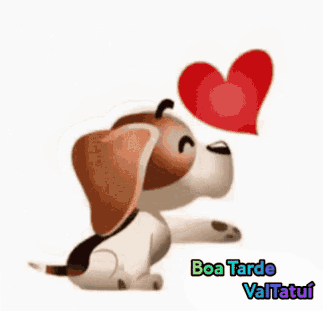 a brown and white dog is blowing a kiss with a heart shaped balloon coming out of its mouth .