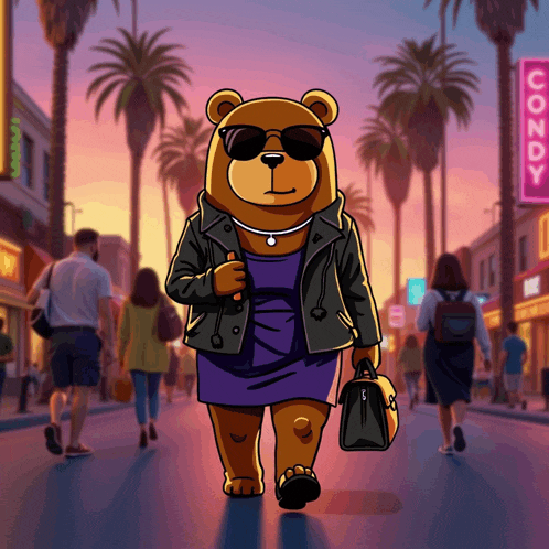 a cartoon of a teddy bear walking down a street with a sign that says roundy