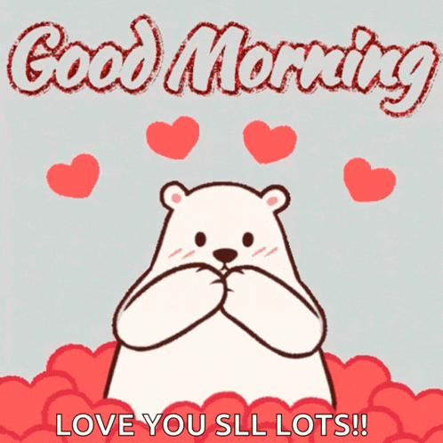 a polar bear is holding a heart and says good morning