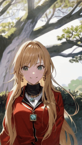 a girl with long blonde hair and green eyes is wearing a red jacket and necklace