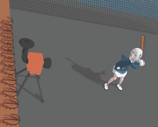 a cartoon of a girl holding a baseball bat in front of a bunch of cockroaches