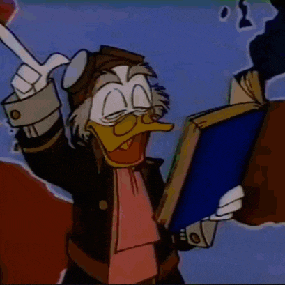 a cartoon character is holding a book and pointing at something