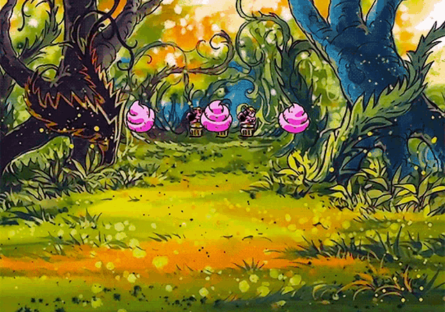 a cartoon drawing of a forest with trees and flowers