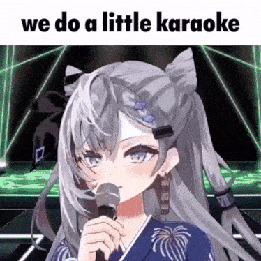 a girl in a kimono is singing into a microphone with the words we do a little karaoke below her