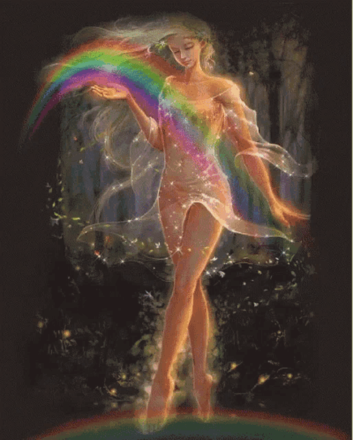 a painting of a woman with a rainbow coming out of her hand