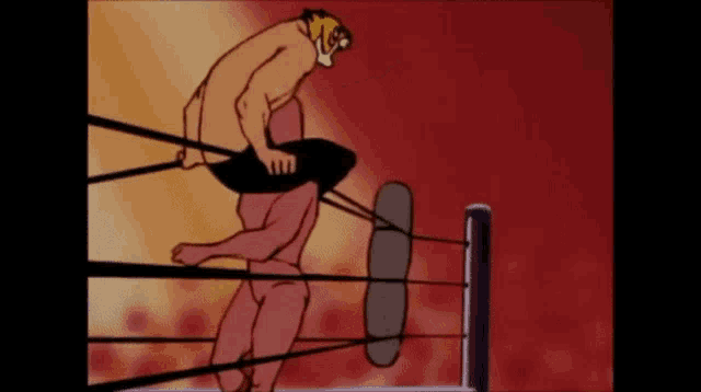 a cartoon of two men wrestling in a wrestling ring .