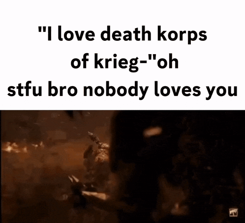 a video of a man holding a sword with the words i love death korps of krieg