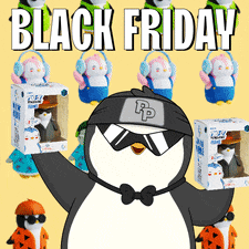 a black friday advertisement with a penguin wearing sunglasses and a hat