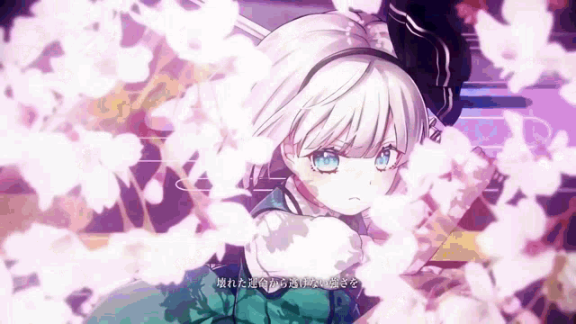 a girl with white hair and blue eyes surrounded by pink flowers