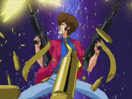 a man in a red jacket and blue tie is holding a gun