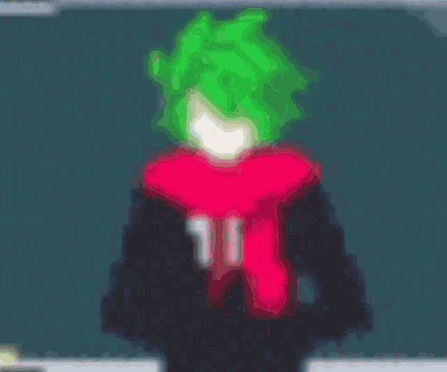 a cartoon character with green hair and a red scarf