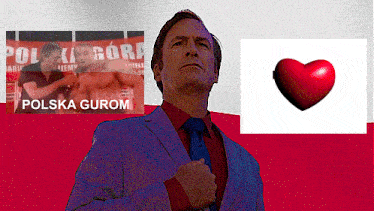 a man in a suit and tie is standing in front of a polska gurom poster
