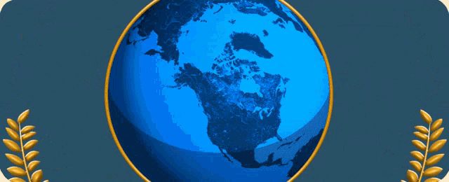 a blue and gold emblem with a globe and guns