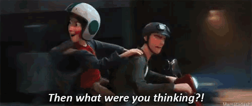 two cartoon characters are fighting and one of them is saying then what were you thinking .