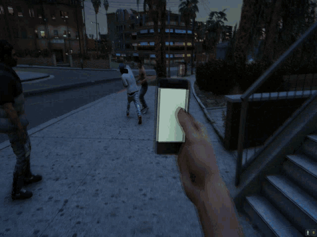a screenshot of a video game shows a person holding a cell phone with a green screen