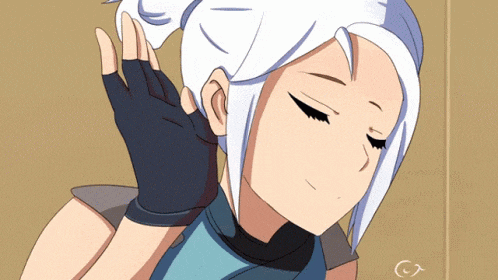 a cartoon of a girl with white hair covering her ears