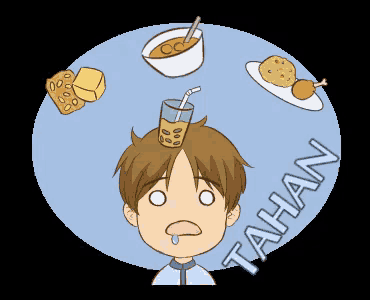 a cartoon of a boy surrounded by food with the word tahan in the corner