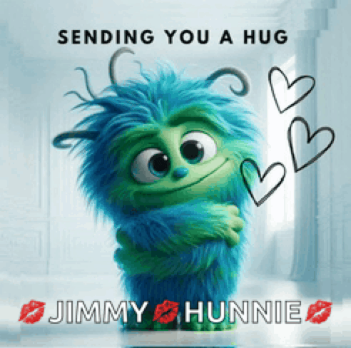a picture of a stuffed animal with the words sending you a hug jimmy hunnie written on it