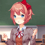 a girl with a red bow on her head is standing in front of a blackboard .