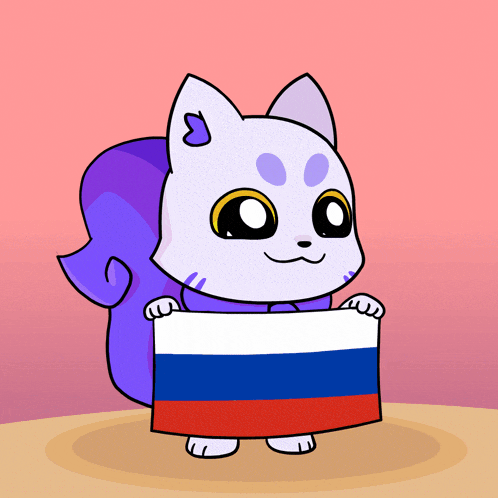 a cartoon cat holding a russian flag in its paws