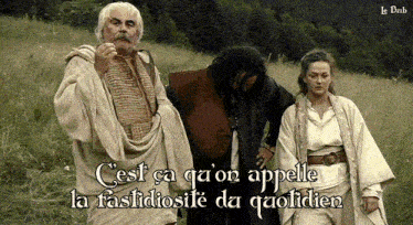 a group of people standing in a field with the words cest ca qu ' on appelle la fastidiosite da quolidien above them