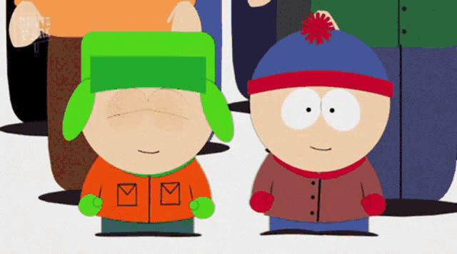 two south park characters are standing next to each other in a crowd