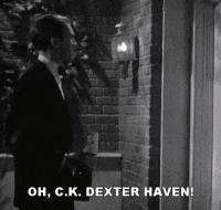 a man standing in front of a brick wall with the words oh c.k. dexter haven