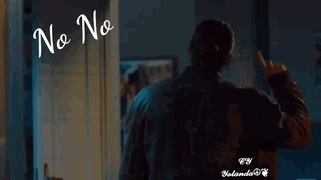 a woman in a leather jacket is pointing up with the words " no no " written above her