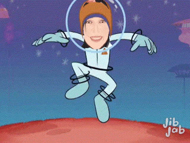 a cartoon of a girl in a space suit with jib jab written on the bottom right