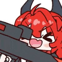 a cartoon character with red hair and horns is holding a rifle .