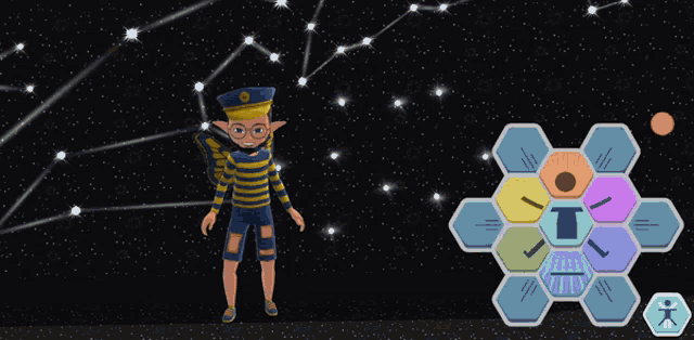a person in a striped shirt is standing in front of a constellation in a video game