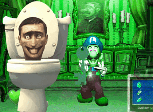 a toilet with a man 's head in it and a game boy screen