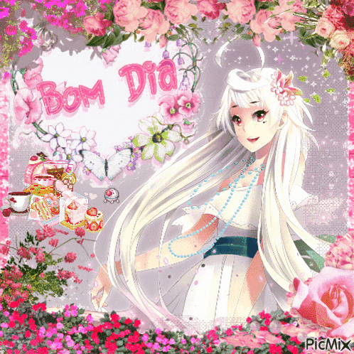 a girl with long white hair is surrounded by pink flowers and a sign that says bom dia
